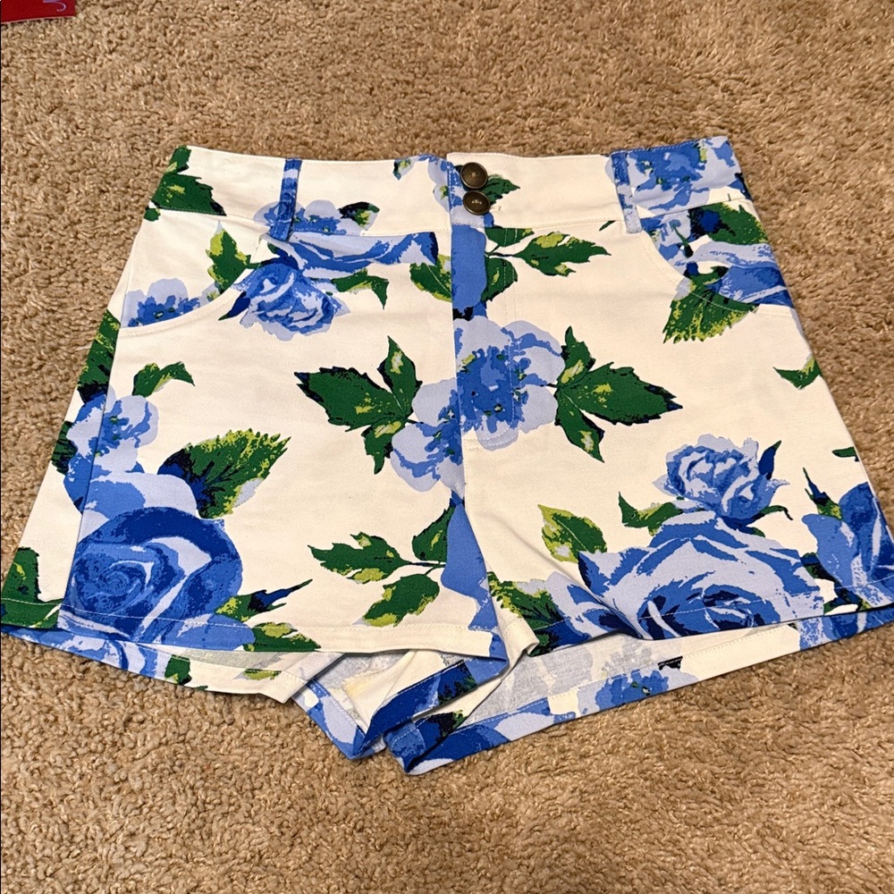 Flying Tomato Floral High Waist Shorts in Blue and Green